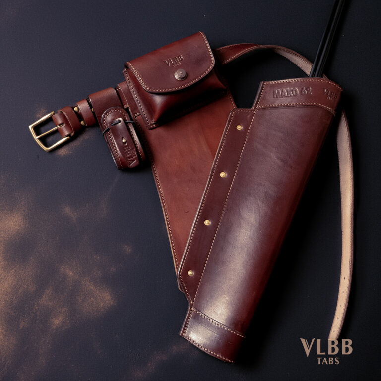Leather archery quivers: field, back and hip quivers explained 3 VLBB target quiver belt attachment mounted on a leather belt, brass buckle, small accessory pouch and key loop attached